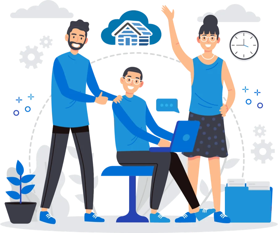 Illustration of three Cloud Cabin team members working together beneath the Cloud Cabin logo